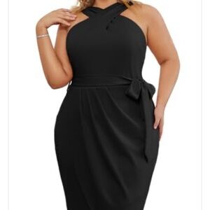 Hanna Nikole, 2X plus size,Black cross front midi Dress with Bow Detail, formal